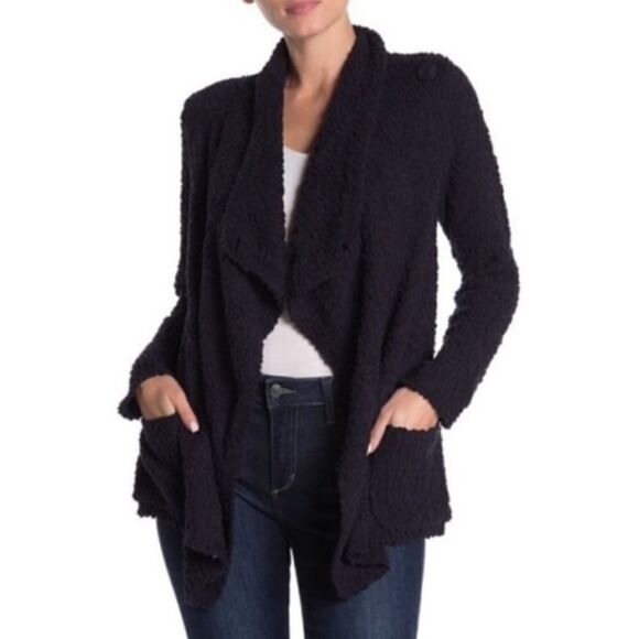 Bobeau Boucle Popcorn Knot Black Draped Button Cardigan Sweater Size XS - Picture 1 of 10